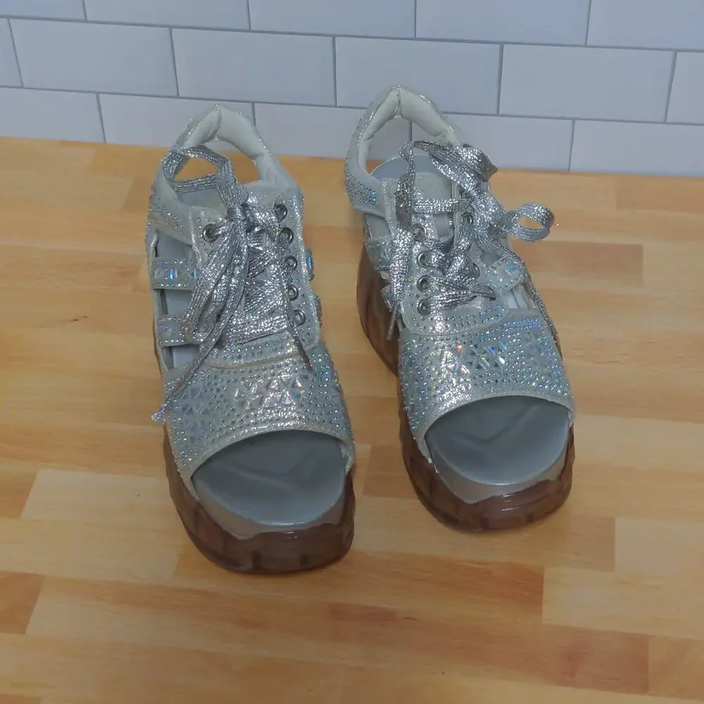 Anthony Wang Platform Sandals Silver Cutout Bedazzled Wedge Y2K 35 (US 4-4.5)